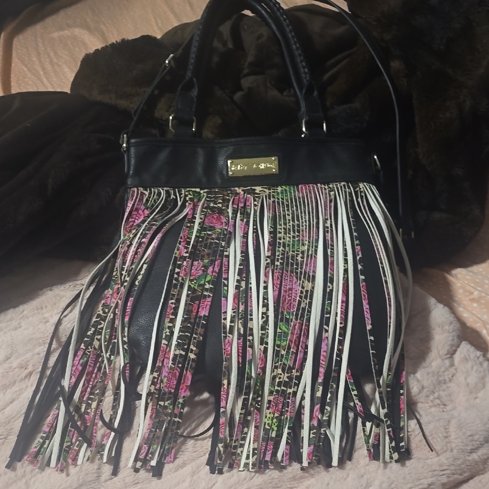 Betsey Johnson Fringe Crossbody Bag Black Pink Floral Boho Festival Purse